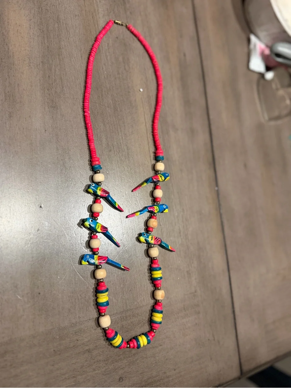 Vintage Style Hand Painted Parrot Necklace Colorful Wood Beads Boho Tropical 29”